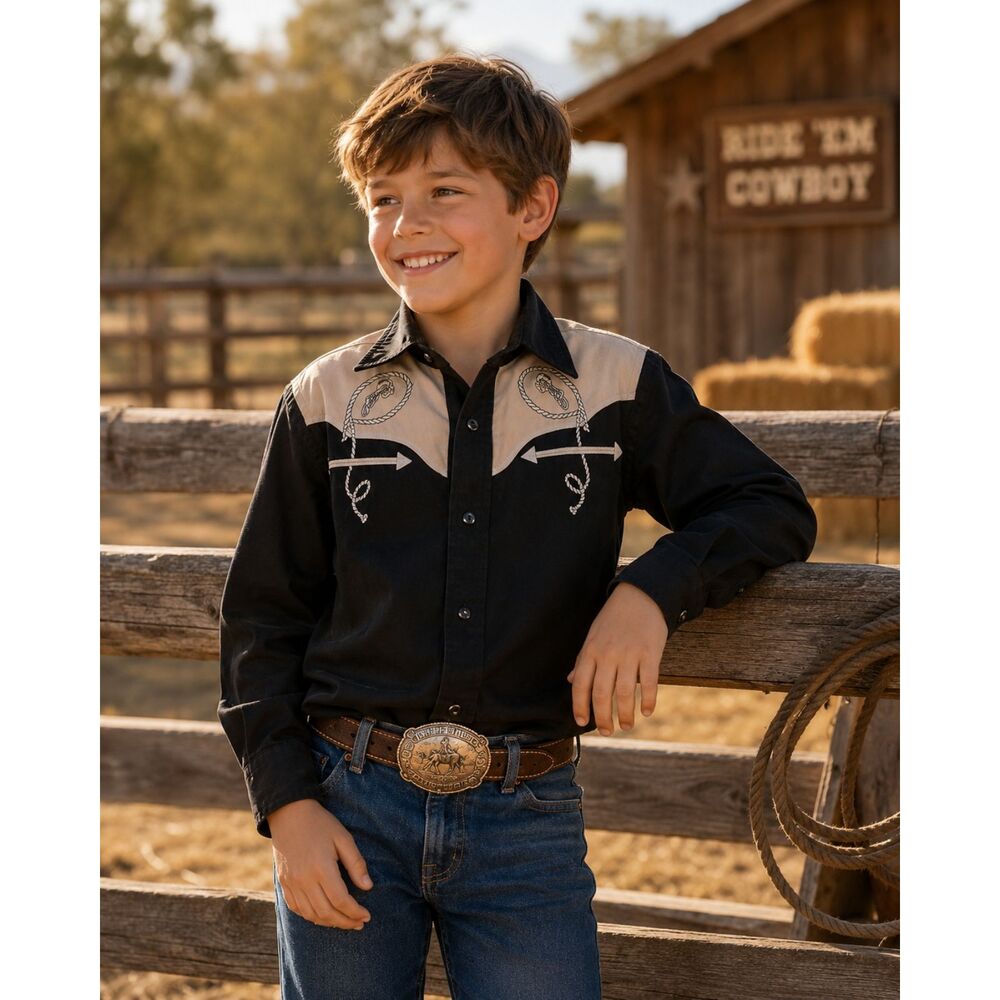 Buffalo Country USA Black Cream Western Pearl Snap Shirt Top    Boys Size Large
